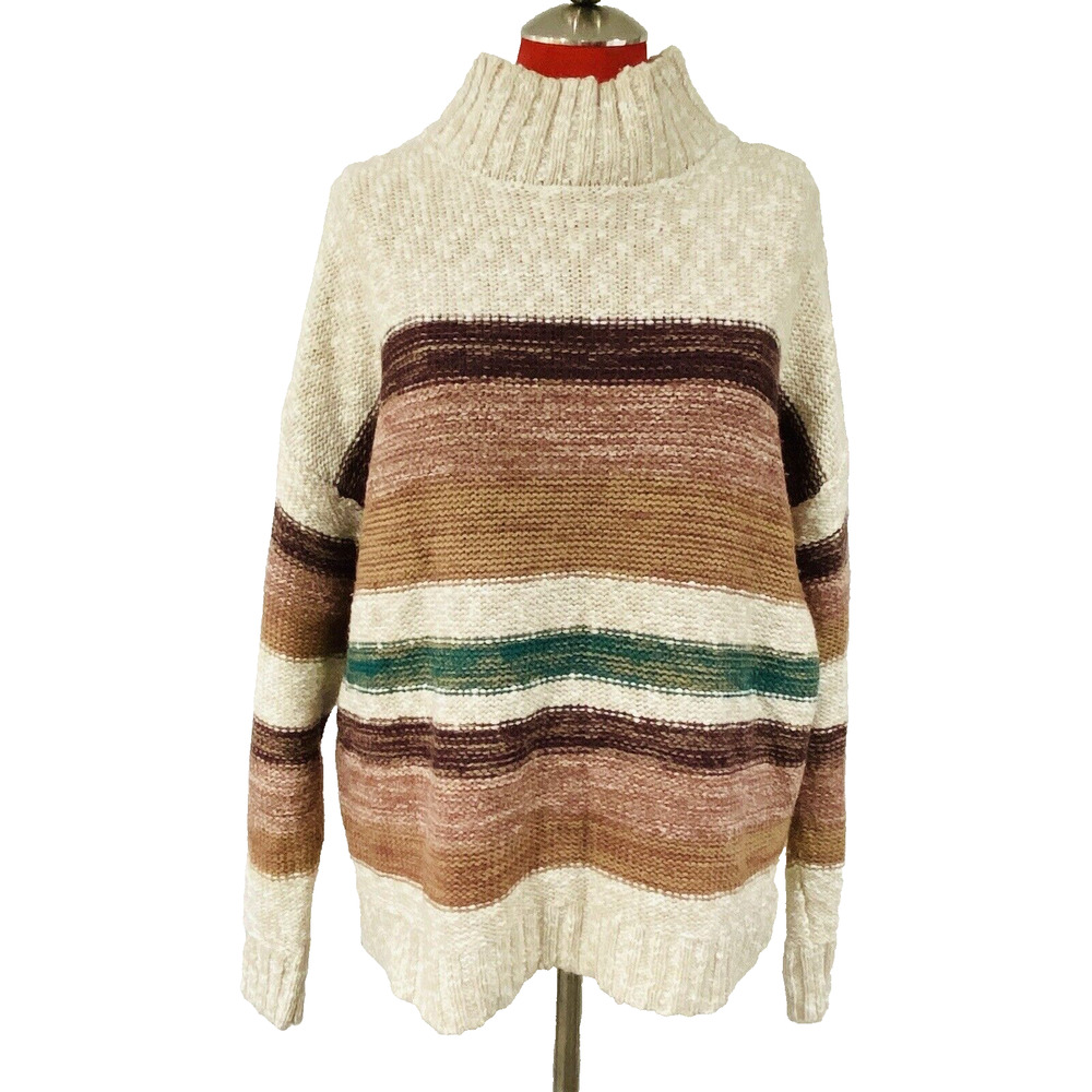Melrose & Market Pullover Sweater Cotton Blend Earth Tone Stripes Textured Sz M